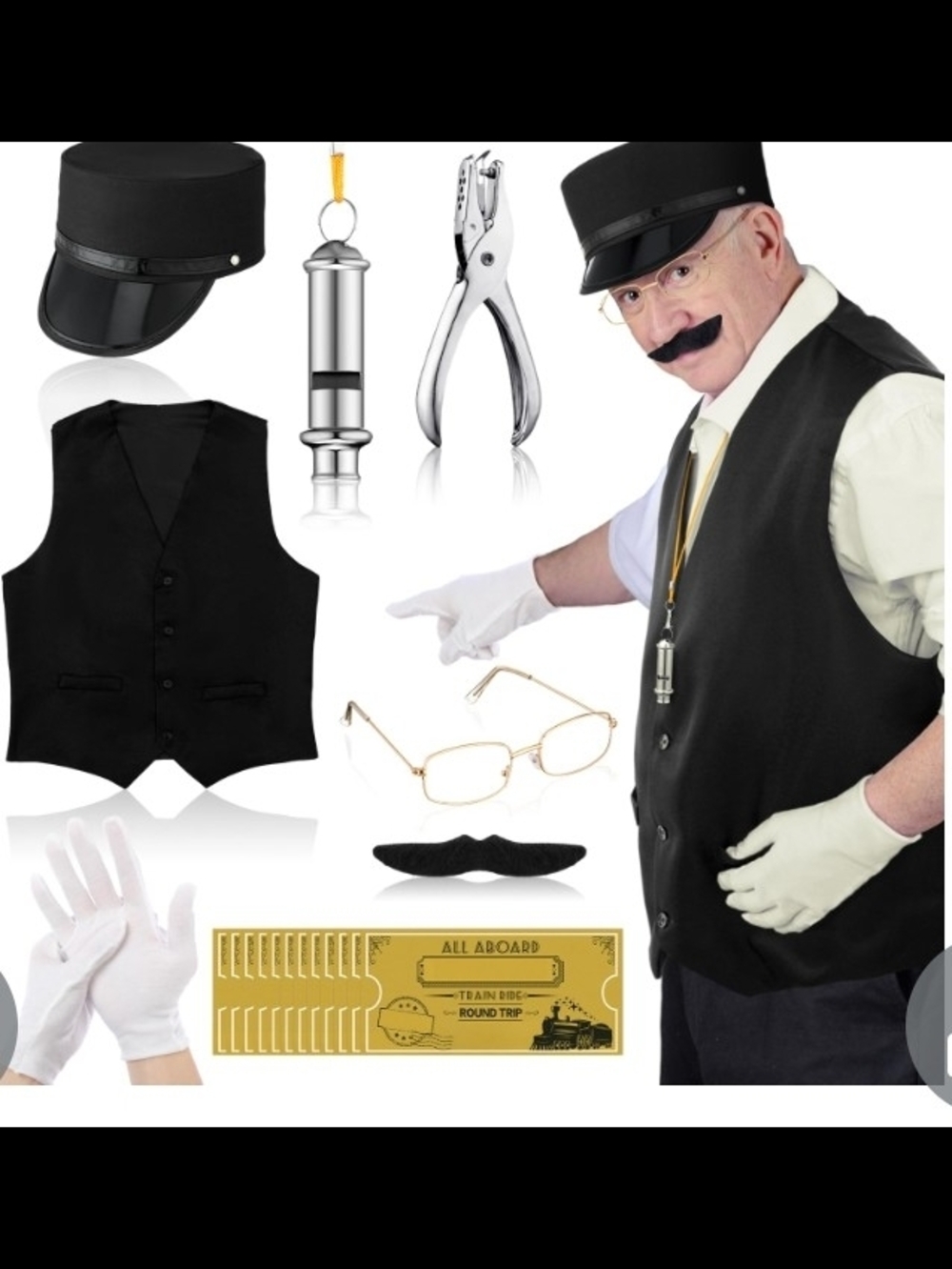 Adult Train Conductor Costume Hat Vest Wistle Tickets Hole Punch Mustach Glasses